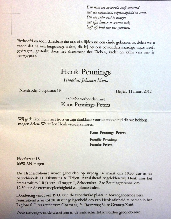 Overlijdensbericht Henk Pennings