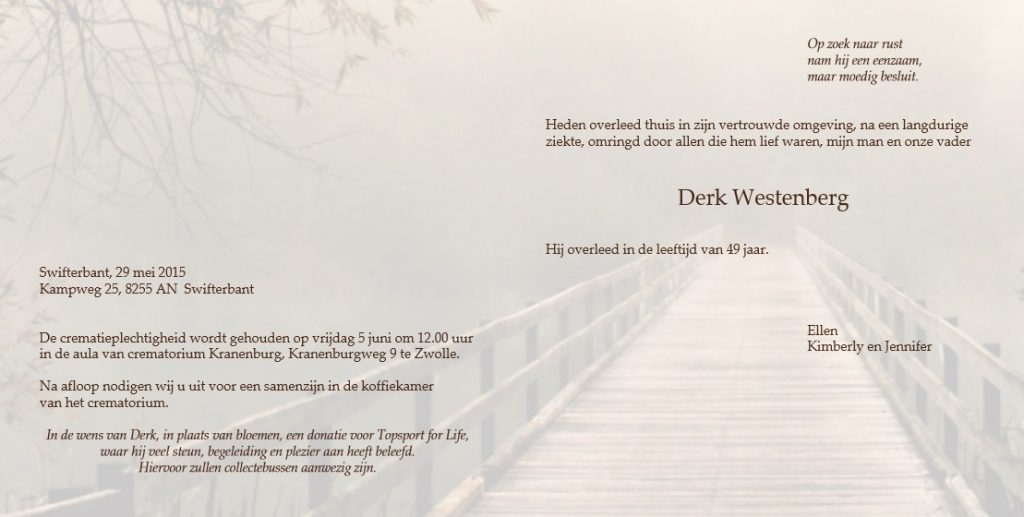 Topsport for Life - Overlijdensbericht Derk Westenberg - tekst